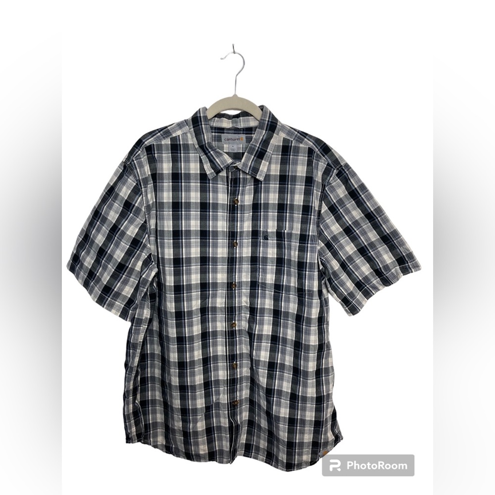 Carhartt gray/blue plaid relaxed fit short sleeve button up shirt. XL